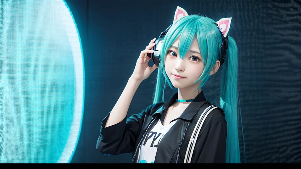 Hatsune Miku avatar hides her sadness in the virtual reality world、The image is drawn through a transparent screen with a pixelated background.。