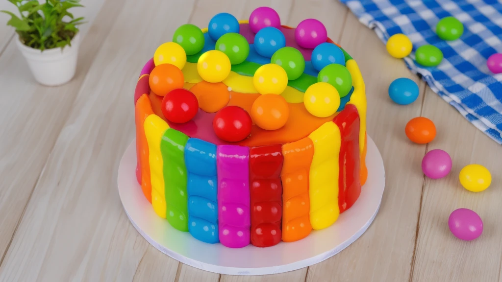 on a wooden table, cake on a white plate. rainbow chocolate bar cake, rainbow ganage on top, rainbow spheres made of polymer clay. there is a blue checkered tablecloth on the table. scattered rainbow jelly beans. there is a vase with a plant on a wooden table. Realistic style, realistic texture, detailed texture, bright lighting, Beautiful light from the window, high quality, A high resolution, macro photography, ultra hd 4k, Beautiful sunlight