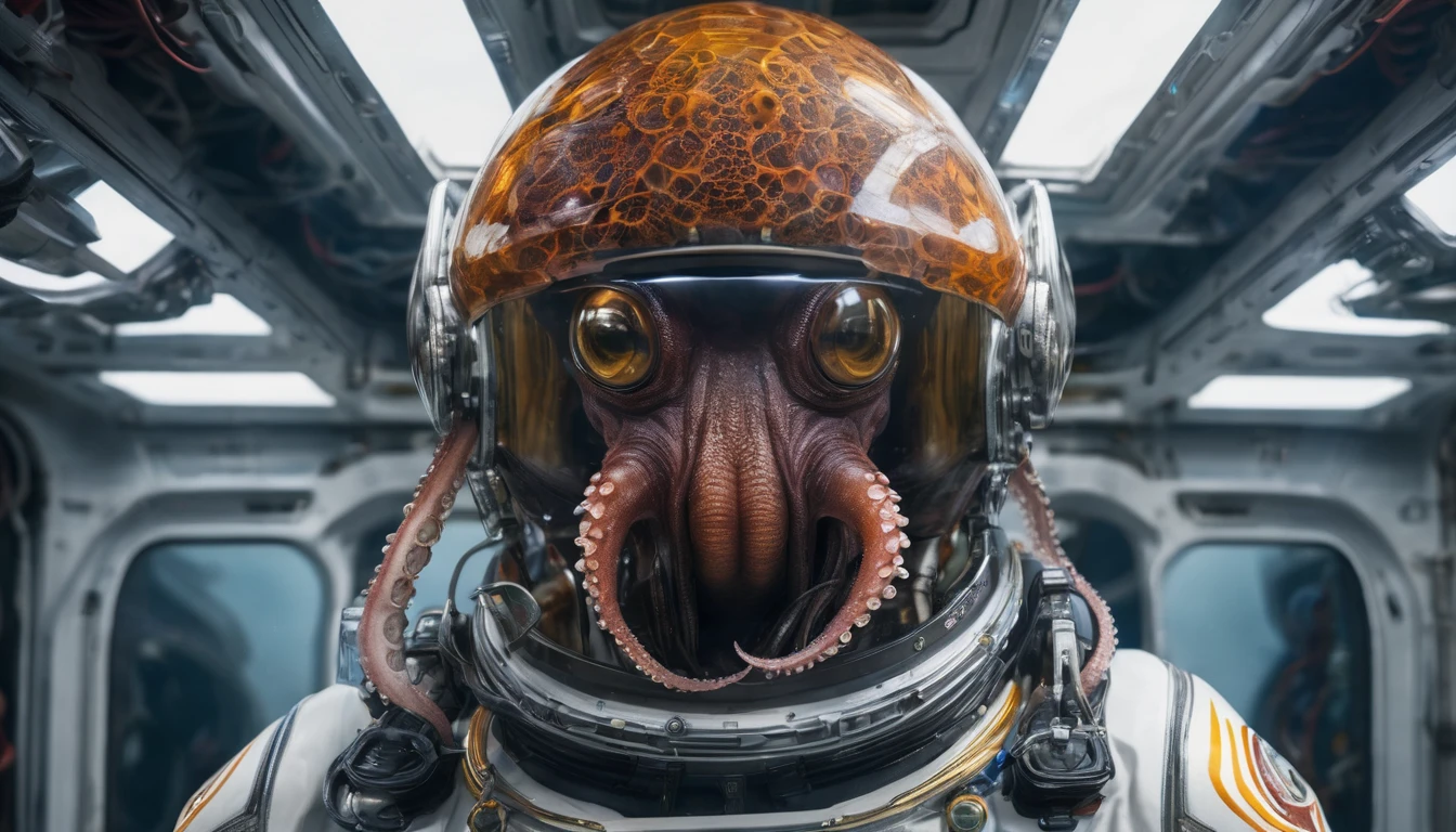 (masterpiece, best quality), Close-up,Half-length portrait,Handsome octopus space suit, Alien Octopus Astronaut, Network future equipment, Clear glass helmet,