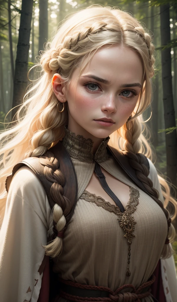 A close-up portrait of a Viking woman with intricate braids in her hair, soft light highlighting her fierce yet gentle expression, against a blurred forest background.