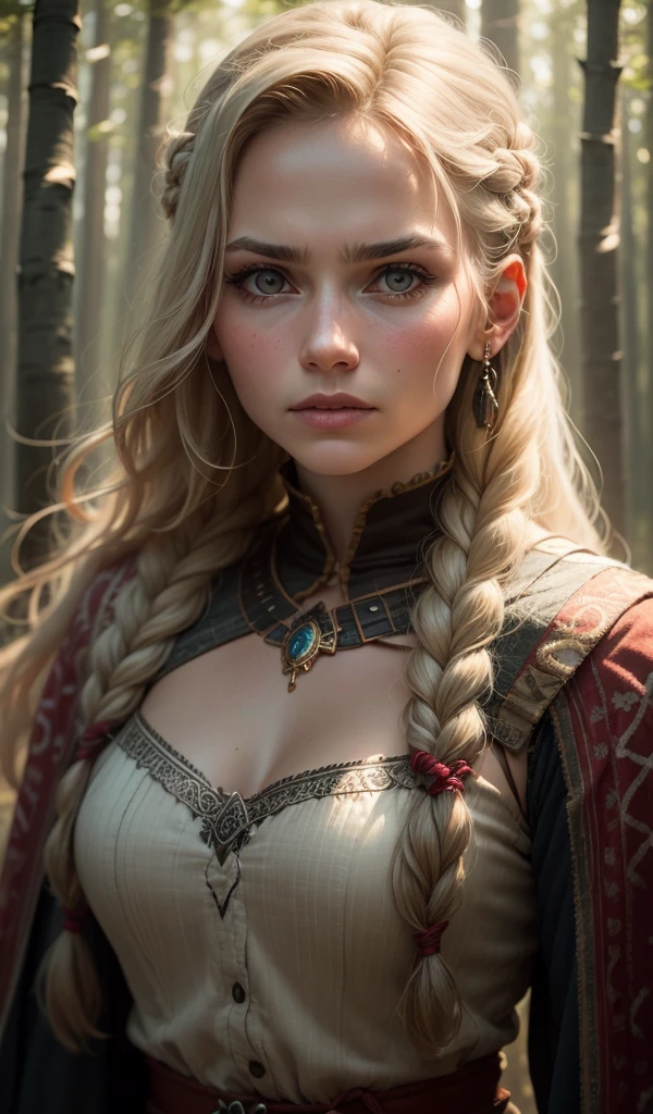 A close-up portrait of a Viking woman with intricate braids in her hair, soft light highlighting her fierce yet gentle expression, against a blurred forest background.