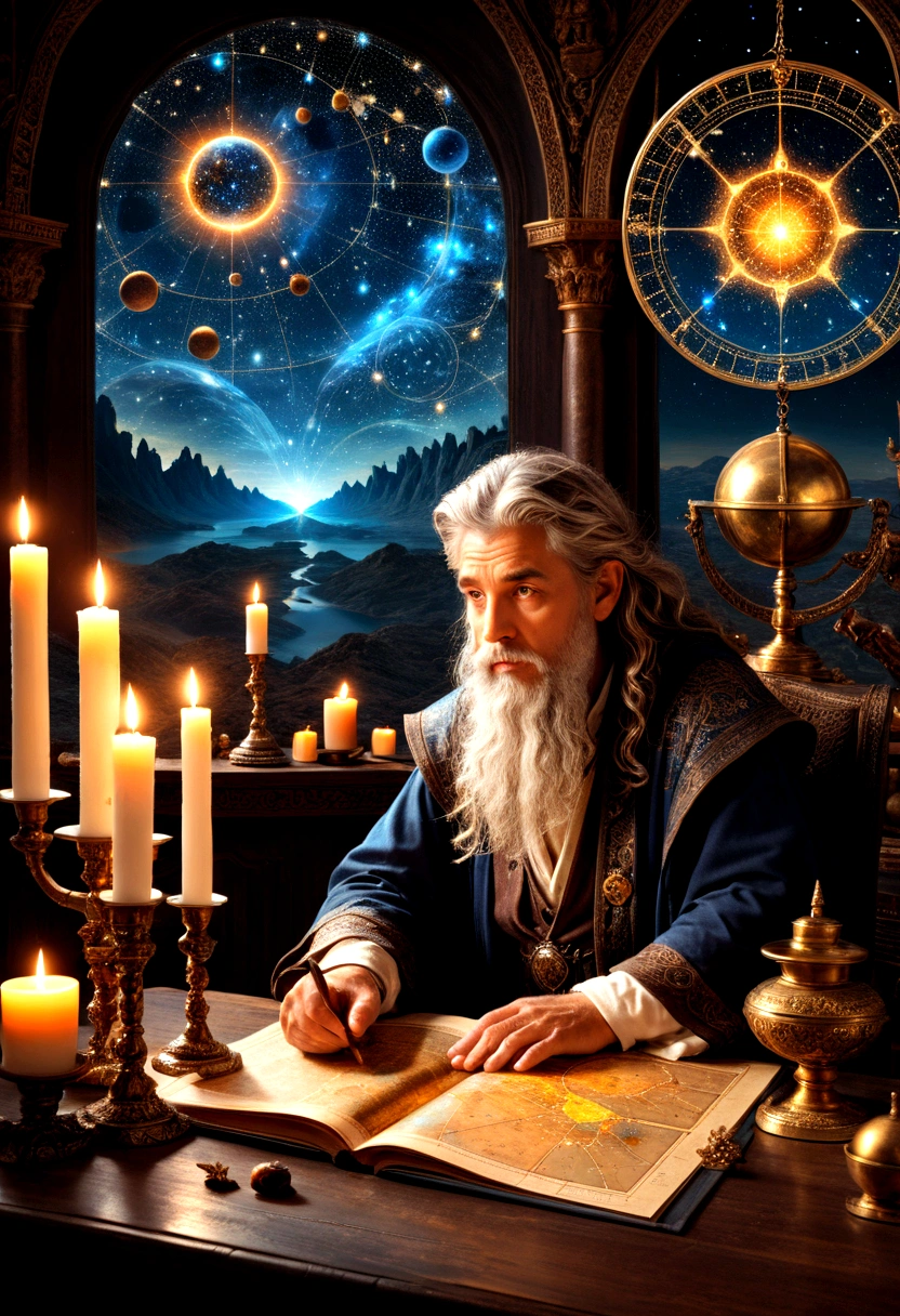 1boy, Astrologer, MAGIC: Ancient WIZARD reading a Map of the Constellations, telescope, candles, on a table, Epic cinematic brilliant stunning intricate meticulously detailed dramatic atmospheric maximalist digital matte painting, masterpiece, best quality, very aesthetic, absurdres