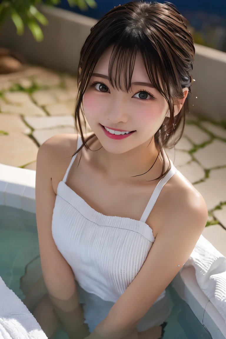 Highest quality, (beautiful)、Soak in the open-air bath、Cover yourself with a bath towel、Close-up、Shoot from above、Soft 、night、smile、Bare shoulders、Outdoor、steam、Cross your arms、Wet body
