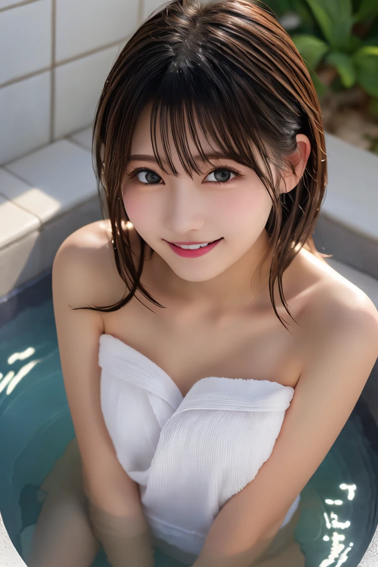 Highest quality, (beautiful)、Soak in the open-air bath、Cover yourself with a bath towel、Close-up、Shoot from above、Soft 、night、smile、Bare shoulders、Outdoor、steam、Cross your arms、Wet body