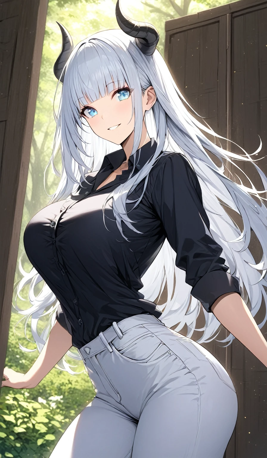 Masterpiece, very detailed, ultra detailed, one, (1 woman), she is in a black office shirt and white jeans, in a stable and fighting position, long hair, straight hair and straight bangs, bright white hair, with white demon horns, athletic body, six packs of press, large breasts, beautiful, charming, light blue eyes, elegant, wise smile, charming, charming, against the background of nature and forest.