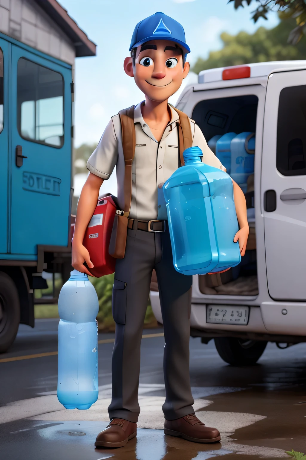 water delivery man, He is holding a 20 liter bottle of polypropylene water, and next to it is a filter to place the water bottle, Brazilian water delivery man