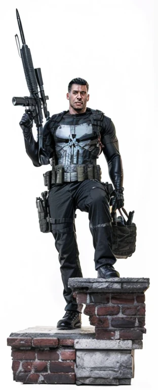 Frank Castle, The Punisher, with Ballistic Operational Military Tactical Modular Vest (( black with the big penisher's skull printed on the chest )), (( ACU MILITARY UNIFORM black WITH KNEE PADS )), (( Military Tactic Paintball Gloves Half Finger Microfiber Black )), (( dog tag )), (( Red Dragon Motocross Knee Pad )), (( Military Boots in Leather and Canvas Cordura Extra Light Military Tactical Bmbrasil Black )), (( Hammer PRO Belica Waist Holster )), angry, black hair, short hair, cinematic lighting, Hyperrealism, multiple views, Nikon, masterpiece, textured skin, highres, 8K