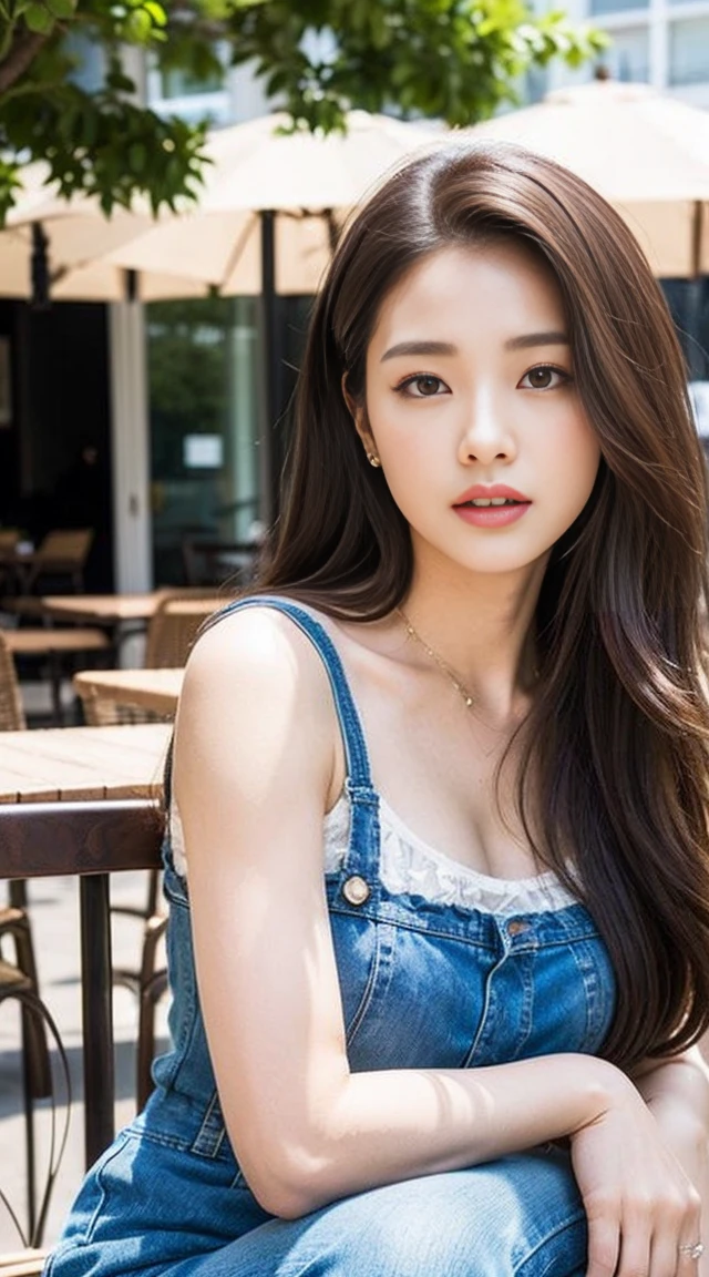 Dark brown hair、Light brown eyes、Japanese actress、 Lady、I am about 40 years old...........、(Intricate details:1.2)、 (Ultra-high resolution:1.2)、Ultra-high resolution、(Finely tuned)、(Detailed facial features)、Hmph、8K resolution、D cup size breasts、Long Hair、white　TulleTop、FrillsTop、Tulle　Frills　Top、Denim pants、At the terrace cafe、Basking in the sunshine、Sitting on a chair on the terrace、summer、hot、Trending Fashion、2024、Open your chin a little、Open your mouth a little、A street cafe in Paris、Fashionable cafes in Paris、Holding back my hair blowing in the wind、Windblown Hair、