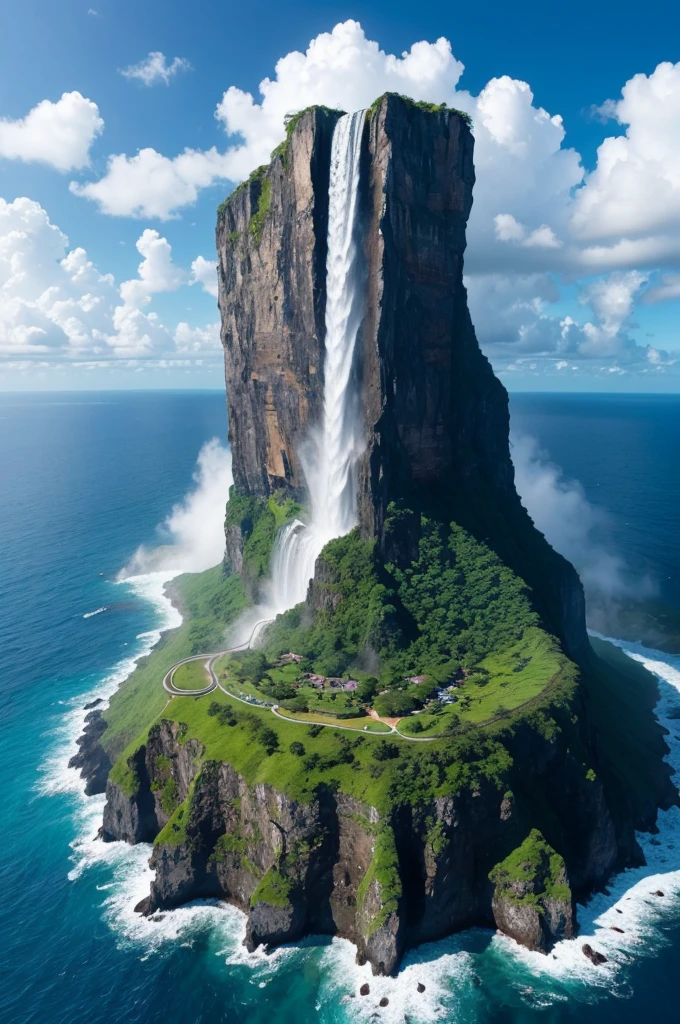 Waterfall on an island in the middle of the ocean