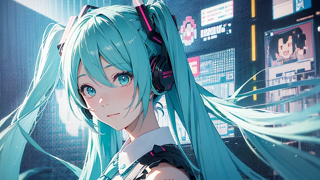 Hatsune Miku avatar hides her sadness in the virtual reality world、The image is drawn through a transparent screen with a pixelated background.。