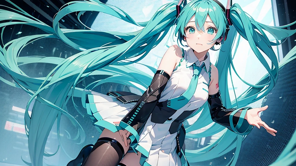 Hatsune Miku avatar hides her sadness in the virtual reality world、The image is drawn through a transparent screen with a pixelated background.。
