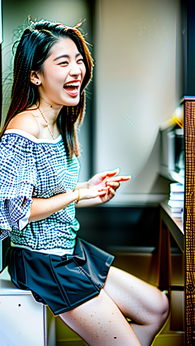 (Highest quality, masterpiece, Photo Real, Super detailed, Ultra-high resolution, born:1.3), (Two girls laughing at the camera), beautiful, Japanese, 20-year-old, (mini skirt), (Looking at the camera and laughing with his mouth wide open), high waist, office, (Long legs, High heels, whole body:1.2),(Top view:1.2)