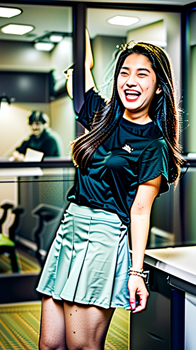 (Highest quality, masterpiece, Photo Real, Super detailed, Ultra-high resolution, born:1.3), (Two girls laughing at the camera), beautiful, Japanese, 20-year-old, (mini skirt), (Looking at the camera and laughing with his mouth wide open), high waist, office, (Long legs, High heels, whole body:1.2),(Top view:1.2)