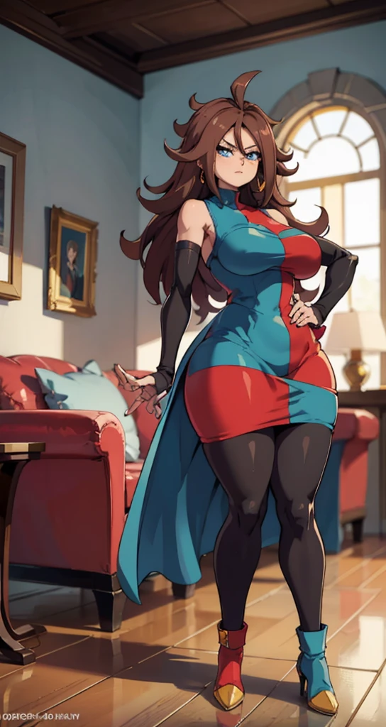 android 21, pose lateral, She is sideways to the spectator, sideways to camera, long brown hair, blue colored eyes, plaid dress, pantyhose, looking to the side, pose lateral, standing, ele está standing, serious, livingroom, light bulb, high qualiy, work of art, legs thick, big-ass, body healed,