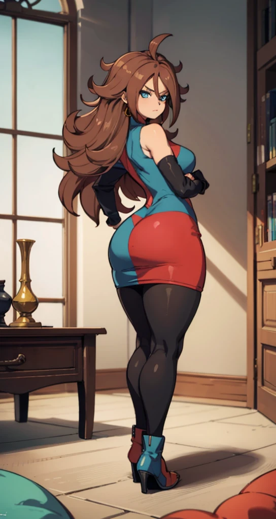 android 21, pose lateral, She is sideways to the spectator, sideways to camera, long brown hair, blue colored eyes, plaid dress, pantyhose, looking to the side, pose lateral, standing, ele está standing, serious, livingroom, light bulb, high qualiy, work of art, legs thick, big-ass, body healed,