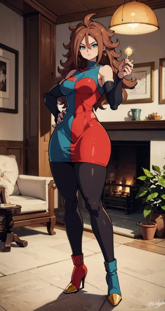 android 21, pose lateral, She is sideways to the spectator, sideways to camera, long brown hair, blue colored eyes, plaid dress, pantyhose, looking to the side, pose lateral, standing, ele está standing, serious, livingroom, light bulb, high qualiy, work of art, legs thick, big-ass, body healed,