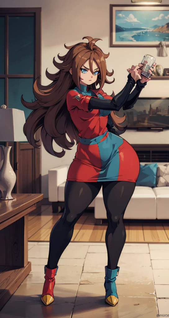 android 21, pose lateral, She is sideways to the spectator, sideways to camera, long brown hair, blue colored eyes, plaid dress, pantyhose, looking to the side, pose lateral, standing, ele está standing, serious, livingroom, light bulb, high qualiy, work of art, legs thick, big-ass, body healed,