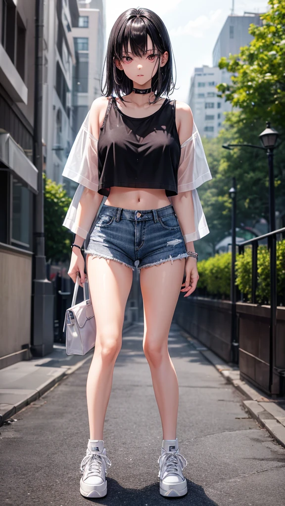 Beautiful slender girl, , low, short ripped denim shorts, loose white t-shirt, bra, black hair ends dyed purple, fishnet stockings, white high-soled sneakers, sharp nose, beautiful sparkling gray eyes, black handbag without pattern, Chupa churs in mouth, full height, thong, Wet T-shirt(transparent)