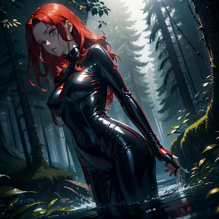 "A mesmerizing scene unfolds as a mysterious woman with fiery red hair, wearing a black latex catsuit, she gazes at the enchanting, gradually darkening magical forest." from below, reflections, wet hair, wet skin, wet clothes