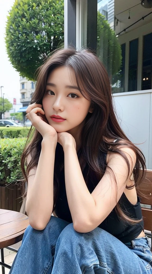 Dark brown hair、Light brown eyes、Japanese actress、 Lady、I am about 40 years old...........、(Intricate details:1.2)、 (Ultra-high resolution:1.2)、Ultra-high resolution、(Finely tuned)、(Detailed facial features)、Hmph、8K resolution、D cup size breasts、Long Hair、white 透け感のあるTulleTop、FrillsTop、Tulle Frills Top、Denim pants、At the terrace cafe、Basking in the sunshine、Sitting on a chair on the terrace、summer、hot、Trending Fashion、2024、Open your chin a little、Open your mouth a little、A street cafe in Paris、Fashionable cafes in Paris、Holding back my hair blowing in the wind、Windblown Hair、