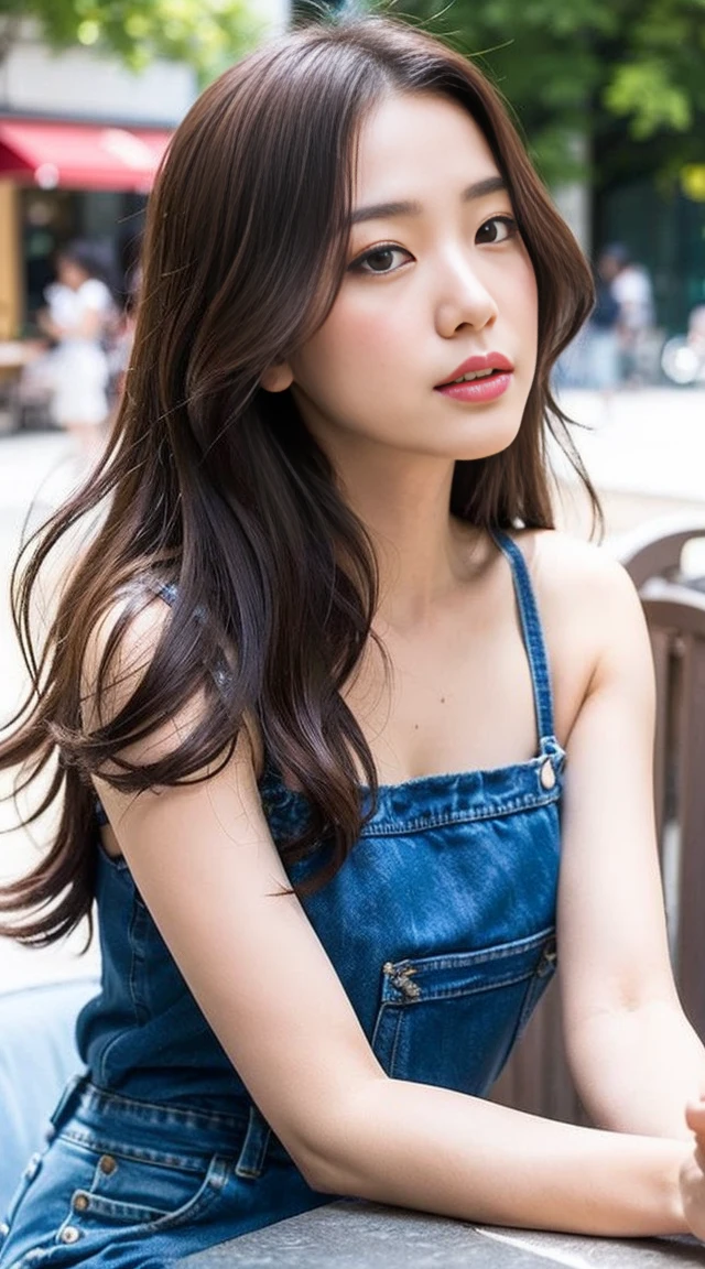 Dark brown hair、Light brown eyes、Japanese actress、 Lady、I am about 40 years old...........、(Intricate details:1.2)、 (Ultra-high resolution:1.2)、Ultra-high resolution、(Finely tuned)、(Detailed facial features)、Hmph、8K resolution、D cup size breasts、Long Hair、white 透け感のあるTulleTop、FrillsTop、Tulle Frills Top、Denim pants、At the terrace cafe、Basking in the sunshine、Sitting on a chair on the terrace、summer、hot、Trending Fashion、2024、Open your chin a little、Open your mouth a little、A street cafe in Paris、Fashionable cafes in Paris、Holding back my hair blowing in the wind、Windblown Hair、
