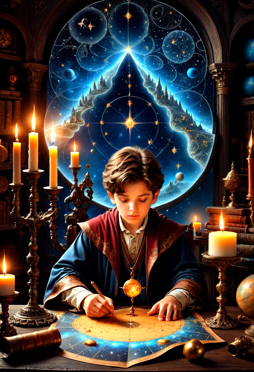 1boy, Astrologer, MAGIC: Ancient WIZARD reading a Map of the Constellations, telescope, candles, on a table, Epic cinematic brilliant stunning intricate meticulously detailed dramatic atmospheric maximalist digital matte painting, masterpiece, best quality, very aesthetic, absurdres