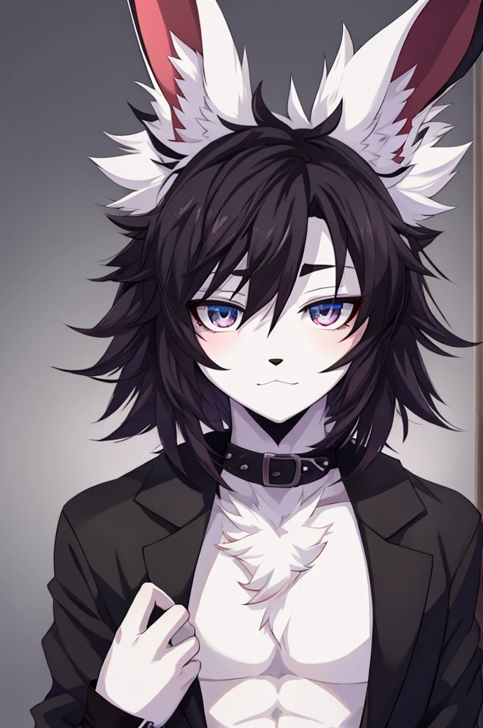 male, young adult, furry, anime, anthromorphic, bunny, emo, white fur, edgy, cute, beautiful, beautiful eyes, androgynous, cool big hair, bust portrait, stylized, y2k