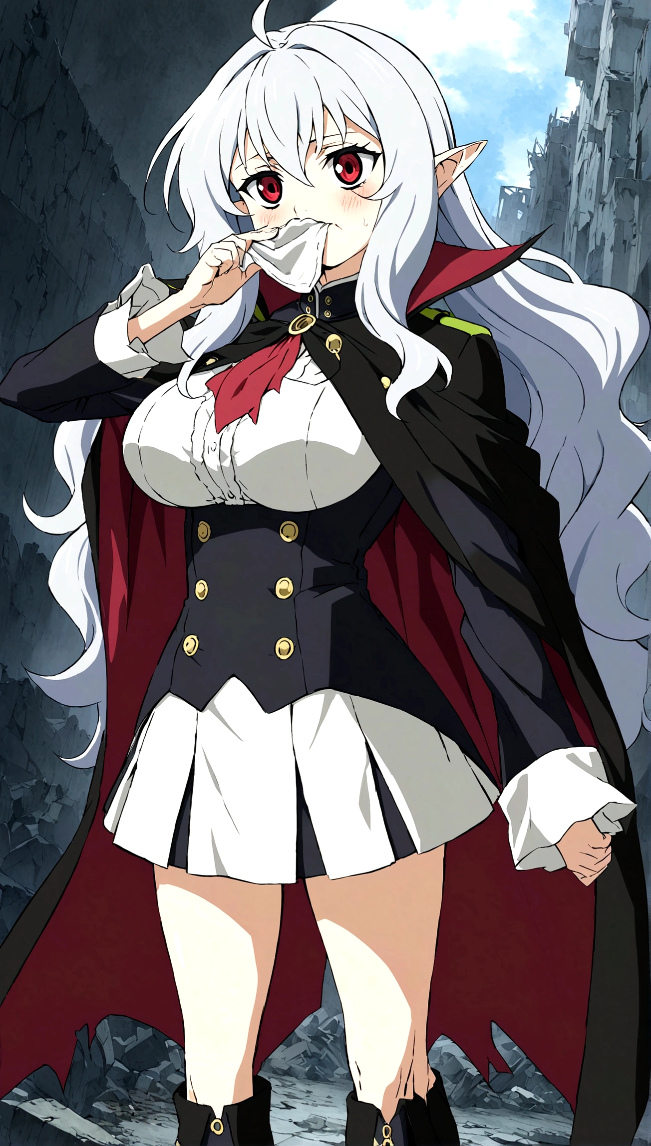 Anime. Owari no Seraph. 1 Girl. Dear . A vampire. Progenitor Clumsy. Silver hair. Wavy hair. Long hair. Red eyes. Beautiful eyes. Perfect eyes. Expressive eyes. Ideal face. Perfect body. Beautiful long ones. legs. Beautiful nose. 18 years. Big breasts. Standing. Full length Beautiful character design. Shiny skin. Pointy ears. White dress. Vampire uniform dress from
Owari no Seraph. Black stockings. Heeled shoes. Cold. Runny nose. Nasal mucus. Snot. Snot flows from the nose. She wants to sneeze. She needs to sneeze. She has a strong, desperate urge to sneeze. She sneezed. Sneezes with snot. Sneezes while standing upright. He sneezes, covering his nose with his hands. Handkerchief. Hands with a handkerchief near the face. Blows his nose. Ruins of Tokyo. Full body. NSWF. Official art. Extremely detailed CG Unity 8k wallpaper. Ideal lighting. Ultra high resolution 4K. Super detailed 8K. A high resolution.