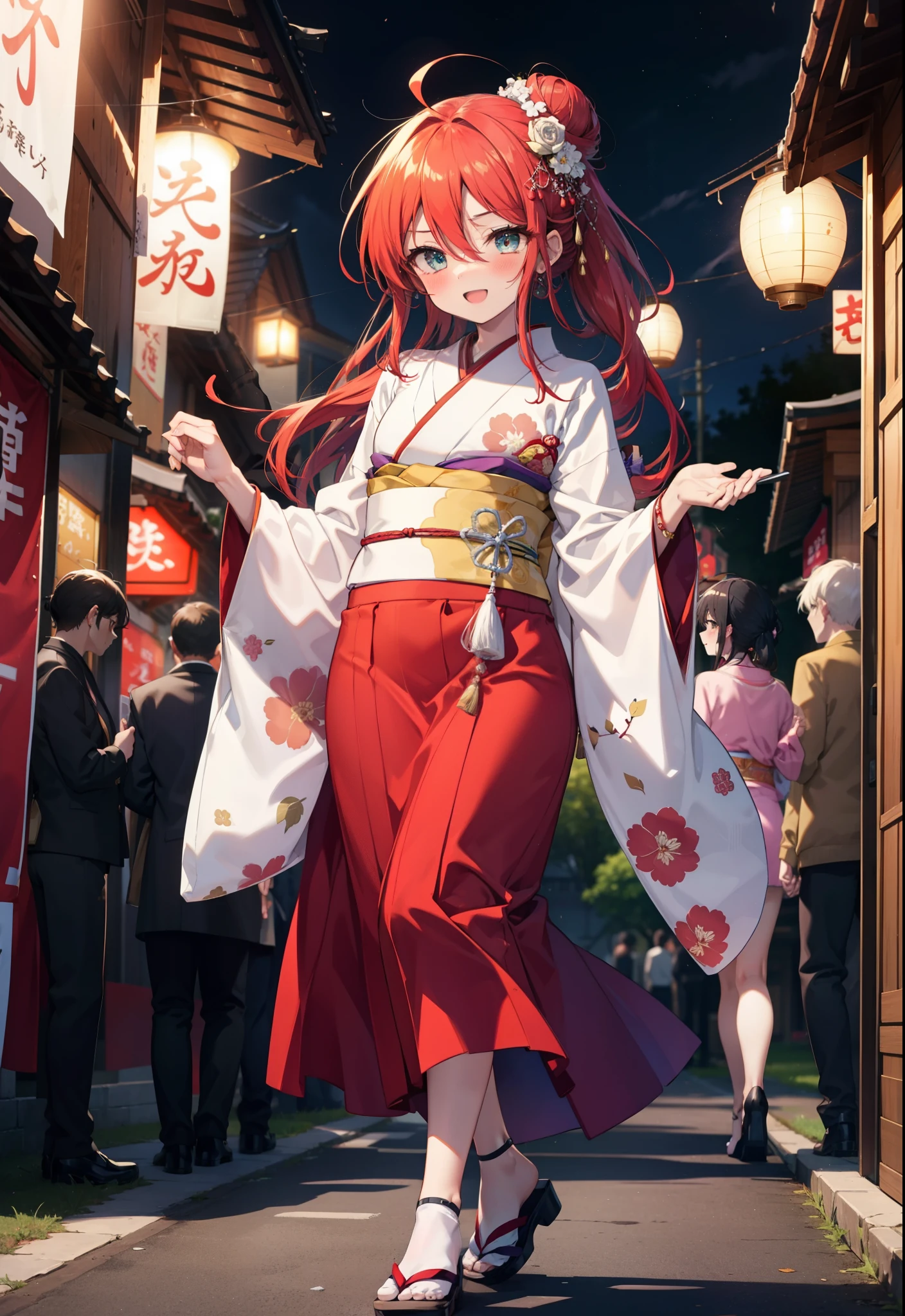 Shana,灼眼のShana,Long Hair, Redhead, Red eyes,Ahoge,smile,blush,Open your mouth,Hair Bun, single Hair Bun,blush,Red Kimono,Thick sleeves,Red long skirt,Sandals,日本のfestival,夏festivalの屋台,Red lantern,whole bodyがイラストに入るように,Walking, break looking at viewer, whole body, break outdoors, shrine,festival, break (masterpiece:1.2), Highest quality, High resolution, unity 8k wallpaper, (shape:0.8), (Beautiful and beautiful eyes:1.6), Highly detailed face, Perfect lighting, Highly detailed CG, (Perfect hands, Perfect Anatomy),