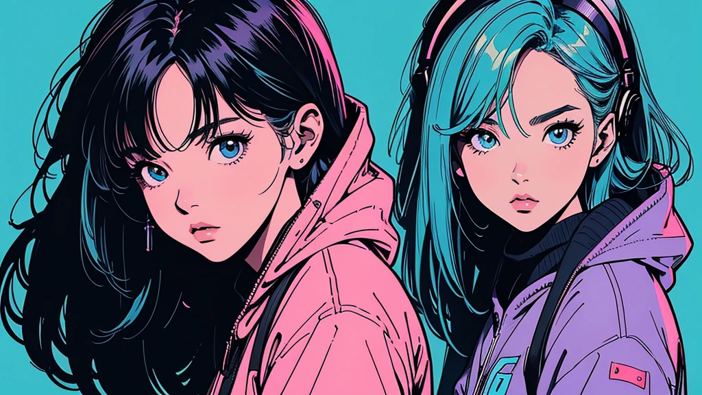 2D illustration, アニメ, Manga style, whole body,ASİAN, Bishamon from noragami, 1 Girl, Big Hair, Shortcuts, {{full name eyes}}, create, High resolution, masterpiece, Highest quality, High detail, High detailed eyes, Grain Filter, Detailed Lips, High resolution, Super detailed, Portraiture, Realistic ratio, Anatomically correct, Beautiful young woman, whole bodyポートレート, Illustrator, アニメ , Realistic ,sketch , 1 Girl, ,Lip, hoodie,Order, Blue gradient background, Neon Hair,Textured Trim, (masterpiece,Highest quality), lofi, Battle DJ girl in HIPHOP fashion wearing DJ headphones