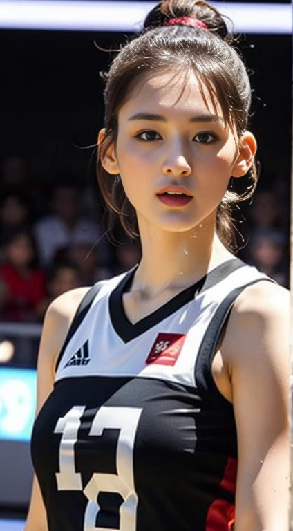Highly detailed CG Unity 8k wallpaper, of the highest quality, super detailed, masutepiece, Realistic, photographrealistic, extremely detailed cute girl, 25 years old, ,, Upper body , ,Colossal ,Black eyes,((Silk)) Basketball Uniforms,Wet with water