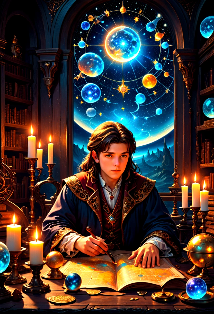 1boy, Astrologer, MAGIC: Ancient WIZARD reading a Map of the Constellations, telescope, candles, on a table, Epic cinematic brilliant stunning intricate meticulously detailed dramatic atmospheric maximalist digital matte painting, masterpiece, best quality, very aesthetic, absurdres