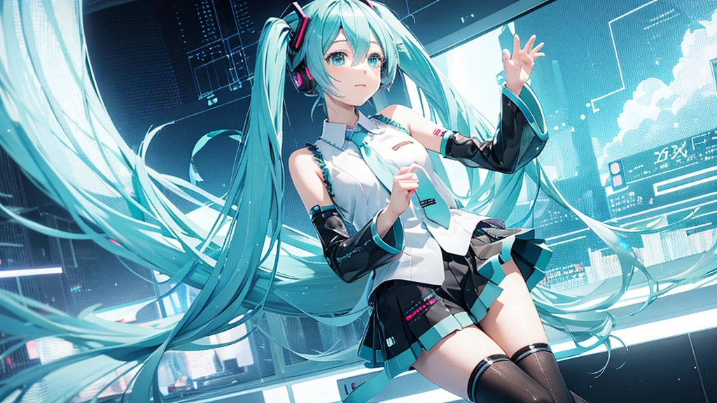 Hatsune Miku avatar hides her sadness in the virtual reality world、The image is drawn through a transparent screen with a pixelated background.。