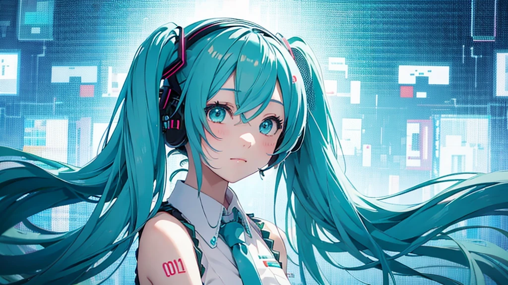 Hatsune Miku avatar hides her sadness in the virtual reality world、The image is drawn through a transparent screen with a pixelated background.。