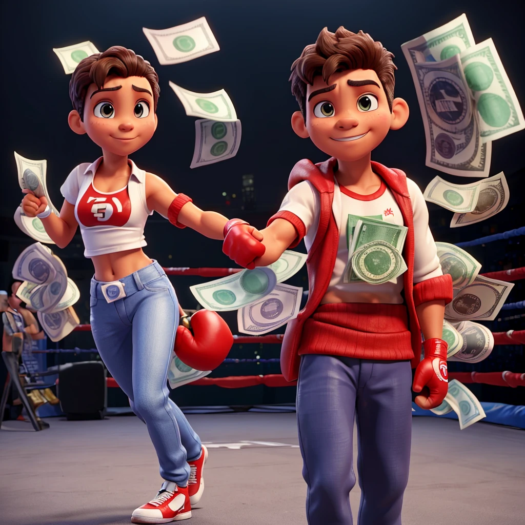 3d boxing glove pointing at camera with money notes coming out of it, screen direction punch, White background