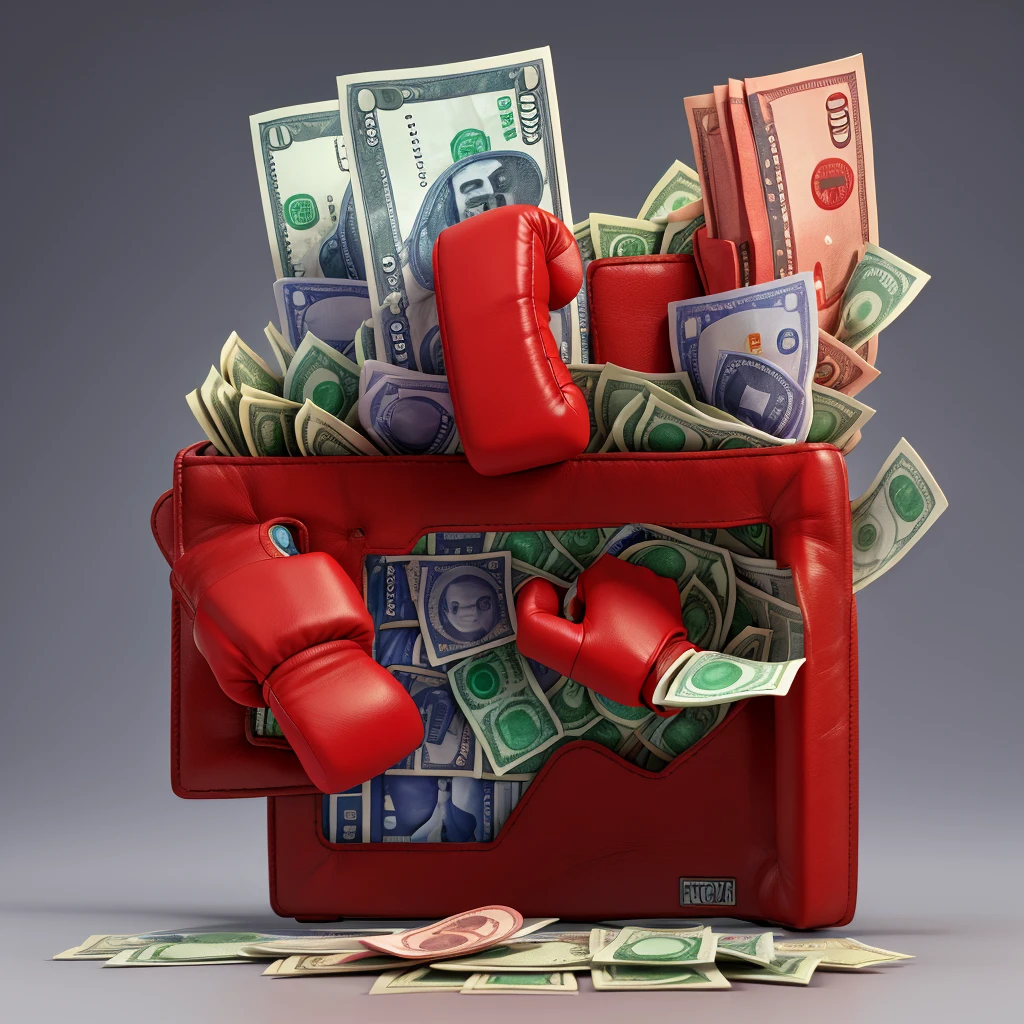 3d boxing glove pointing at camera with money notes coming out of it, screen direction punch, White background