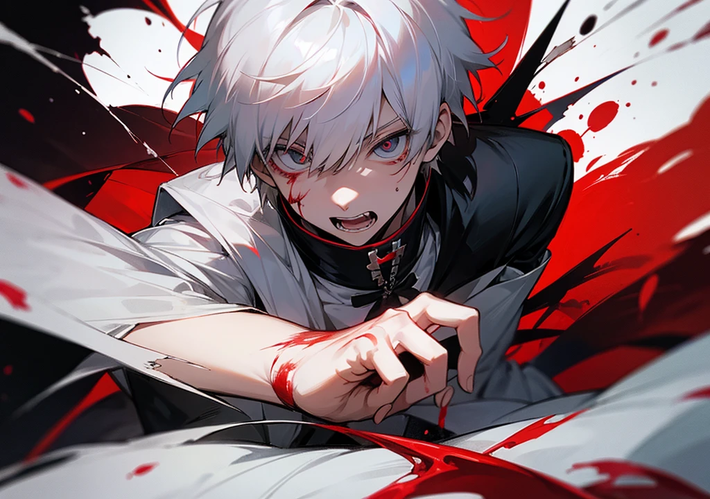 Estilo thumbnail, ken kaneki, with white hair, a patch on the right eye, and with kagunes on display, with blood all around, and with the crazy expression