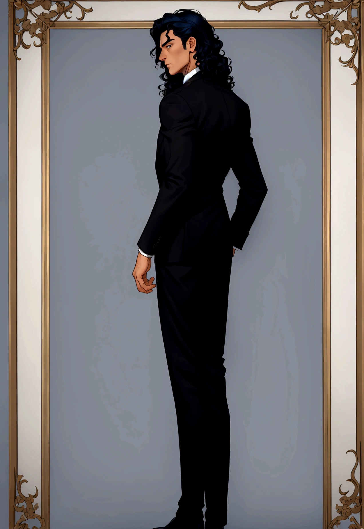 plain background, ((full-length character standing with his back to the frame)),solo, full body, 1man in black formal suit, shoulder-length curly hair
