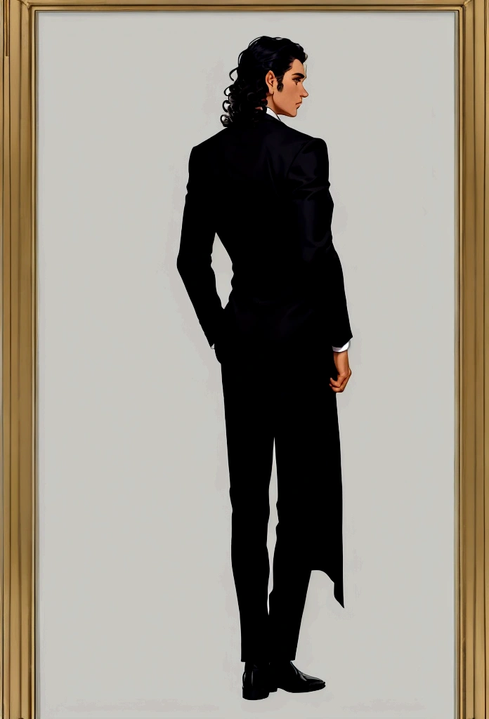 plain background, ((full-length character standing with his back to the frame)),solo, full body, 1man in black formal suit, shoulder-length curly hair