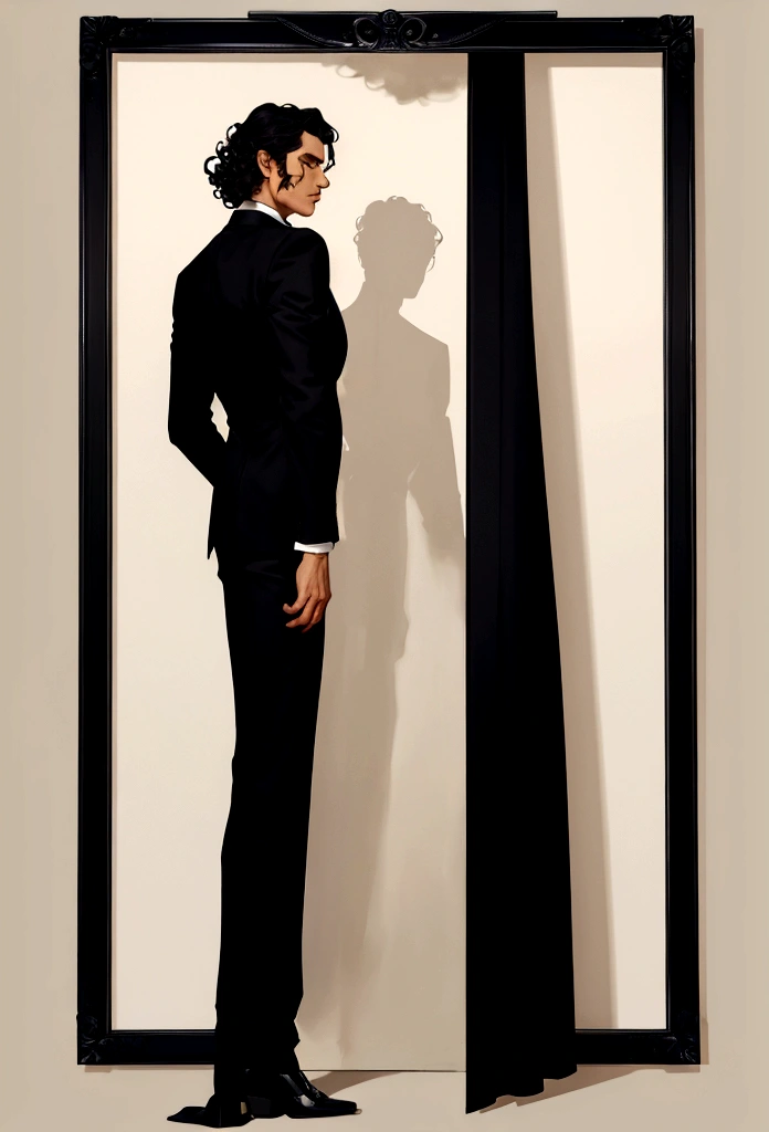 plain background, ((full-length character standing with his back to the frame)),solo, full body, 1man in black formal suit, shoulder-length curly hair