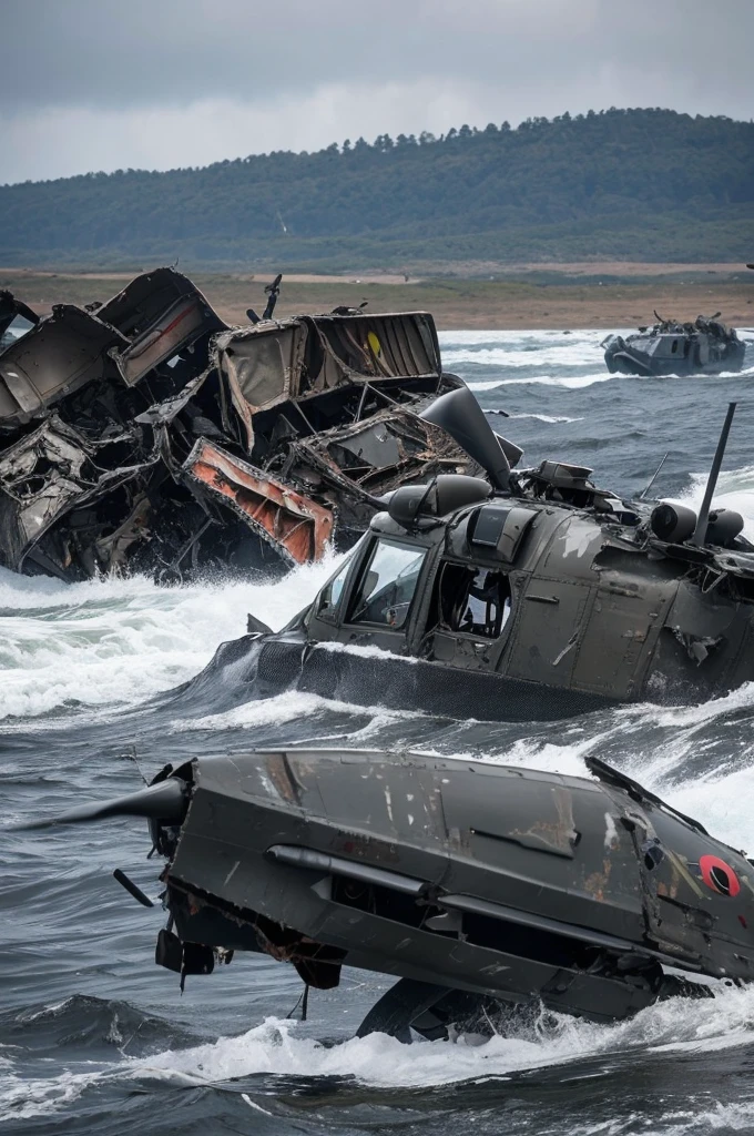 Hind Combat Helicopter, The aircraft was hit by anti-armor fire and was torn into pieces., A large amount of whale innards spilled out from the damaged area, Blood and pus splattering from the aircraft, A raging storm, Collapsed Front