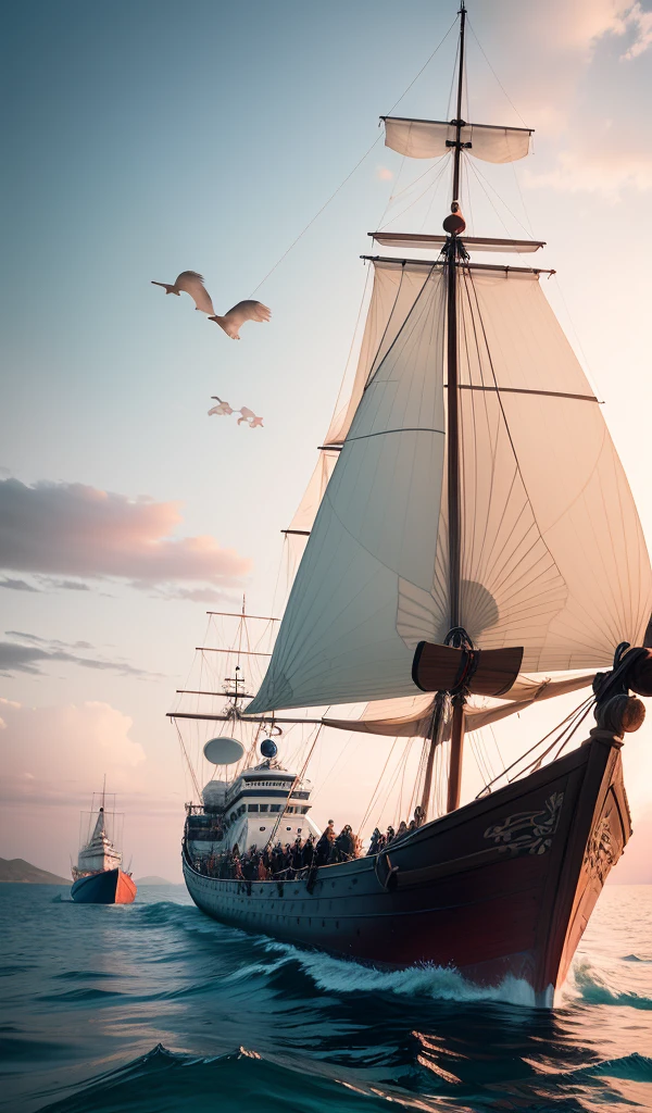 A Viking longship sailing on calm waters under a pastel-colored sky, with the crew seen in soft focus, evoking a sense of adventure and tranquility.