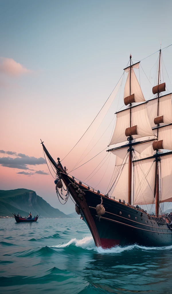 A Viking longship sailing on calm waters under a pastel-colored sky, with the crew seen in soft focus, evoking a sense of adventure and tranquility.
