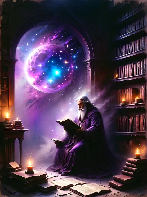 mystical astrologer in ancient library, starry galaxy projected on walls, astrological symbols glowing softly, astrologer wearin...