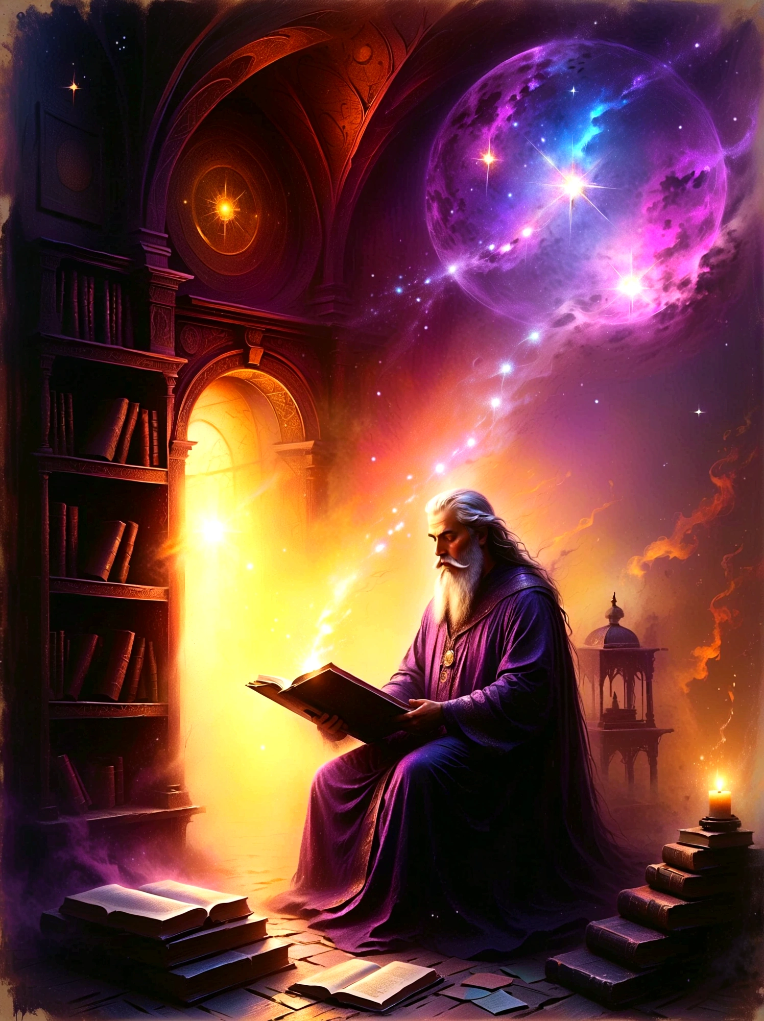 mystical astrologer in ancient library, starry galaxy projected on walls, astrological symbols glowing softly, astrologer wearing rich velvet robe with golden celestial patterns, holding a brass astrolabe, candlelit environment casting warm light on ancient texts, high intricate detailed face with sage-like wise expression, beautiful detailed eyes, strong detailed nose, mystical ambient lighting, (best quality, 8k,highres,masterpiece), vintage astrological tools, mysterious atmosphere, enchanted ancient library, age-worn books and scrolls, scattered star charts, lush curtain draperies in deep purple, intricate hairstyles, detailed beard and mustache, ambient occlusion, old wooden furniture, (oil painting style,enchanted,vivid colors)