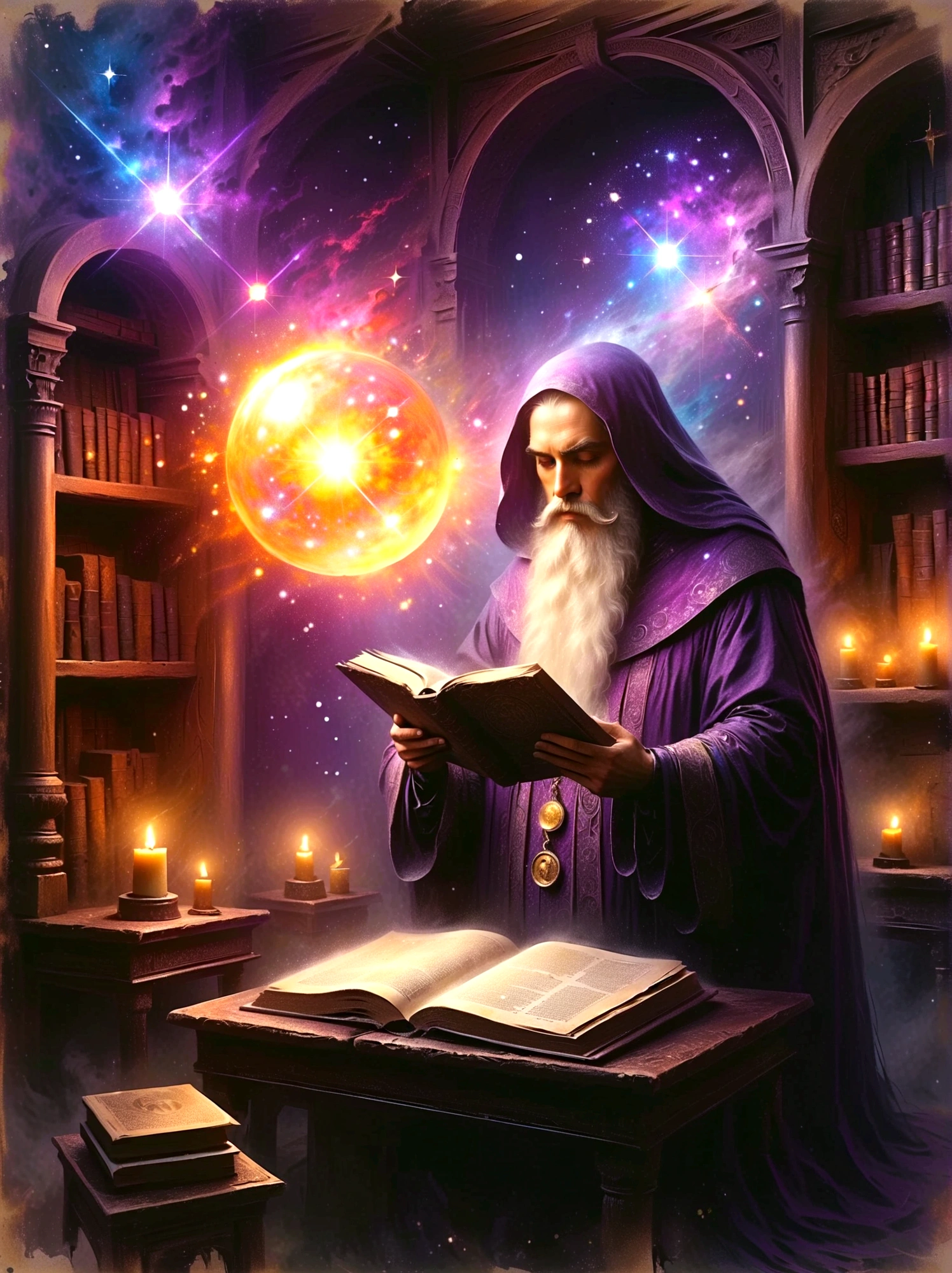 mystical astrologer in ancient library, starry galaxy projected on walls, astrological symbols glowing softly, astrologer wearing rich velvet robe with golden celestial patterns, holding a brass astrolabe, candlelit environment casting warm light on ancient texts, high intricate detailed face with sage-like wise expression, beautiful detailed eyes, strong detailed nose, mystical ambient lighting, (best quality, 8k,highres,masterpiece), vintage astrological tools, mysterious atmosphere, enchanted ancient library, age-worn books and scrolls, scattered star charts, lush curtain draperies in deep purple, intricate hairstyles, detailed beard and mustache, ambient occlusion, old wooden furniture, (oil painting style,enchanted,vivid colors)