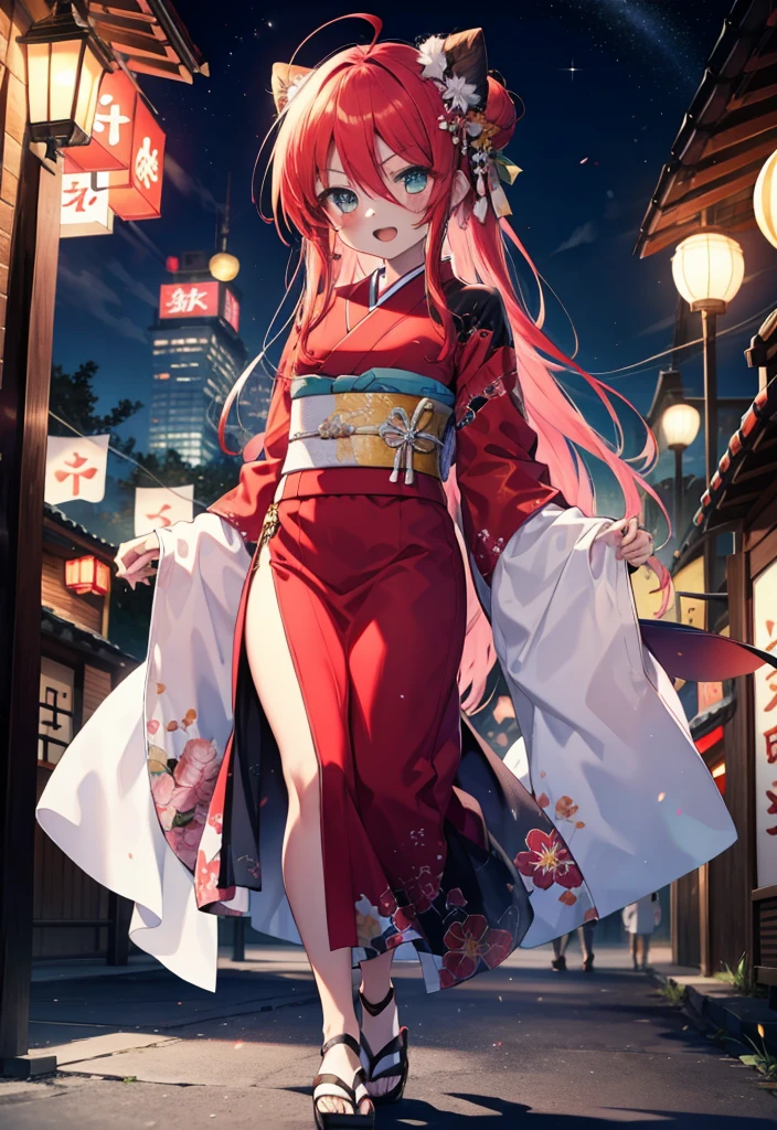 Shana,灼眼のShana,Long Hair, Redhead, Red eyes,Ahoge,smile,blush,Open your mouth,Hair Bun, single Hair Bun,blush,Red Kimono,Thick sleeves,Red long skirt,Sandals,日本のfestival,夏festivalの屋台,Red lantern,whole bodyがイラストに入るように,Walking, break looking at viewer, whole body, break outdoors, shrine,festival, break (masterpiece:1.2), Highest quality, High resolution, unity 8k wallpaper, (shape:0.8), (Beautiful and beautiful eyes:1.6), Highly detailed face, Perfect lighting, Highly detailed CG, (Perfect hands, Perfect Anatomy),