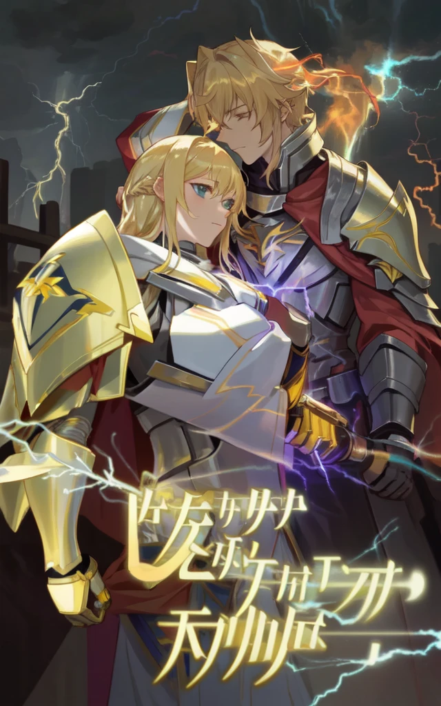 illustration of a blonde handsome knight clad in golden armor embracing a red haired princess, ((blonde man)), (ginger girl), full of details, goddess of lightning, light novel cover art, ((((lightning)))), lightening, lightning!!, zenithal lightning,she is attracting lightnings, with lightning, epic light novel art cover, official fanart, epic light novel cover art, lighning storm, lightnings