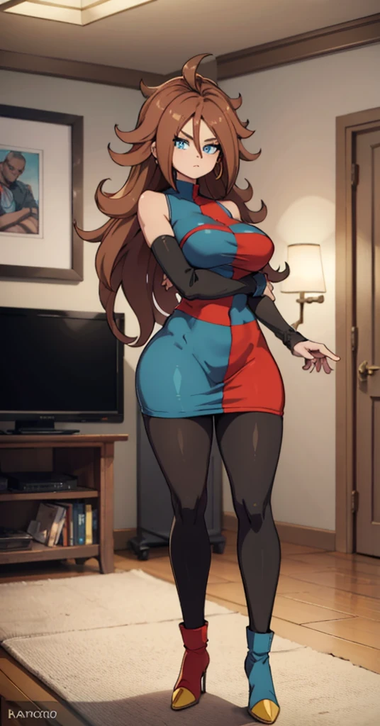 android 21, pose lateral, She is sideways to the spectator, sideways to camera, long brown hair, blue colored eyes, plaid dress, pantyhose, looking to the side, pose lateral, standing, ele está standing, serious, livingroom, light bulb, high qualiy, work of art, legs thick, big-ass, body healed,