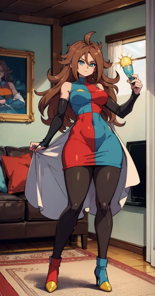 android 21, pose lateral, She is sideways to the spectator, sideways to camera, long brown hair, blue colored eyes, plaid dress, pantyhose, looking to the side, pose lateral, standing, ele está standing, serious, livingroom, light bulb, high qualiy, work of art, legs thick, big-ass, body healed,